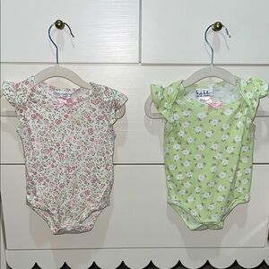 Set of 2 Floral Print One Piece - Pink and Green with Bows and Flutter Sleeves